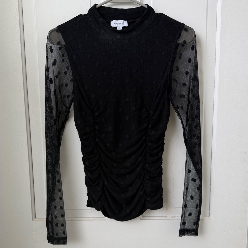 Evereve Black Mesh Sleeve Ruched Top